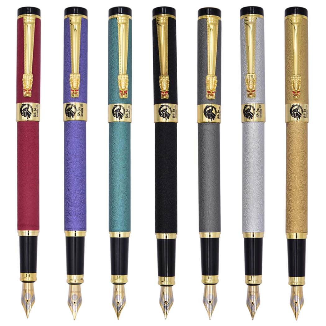 Ranvi 7pcs Golden Dragon Red Crystal Eyes Fountain Pen Gift Pens with Converters, Fine Nib, Mixed Color