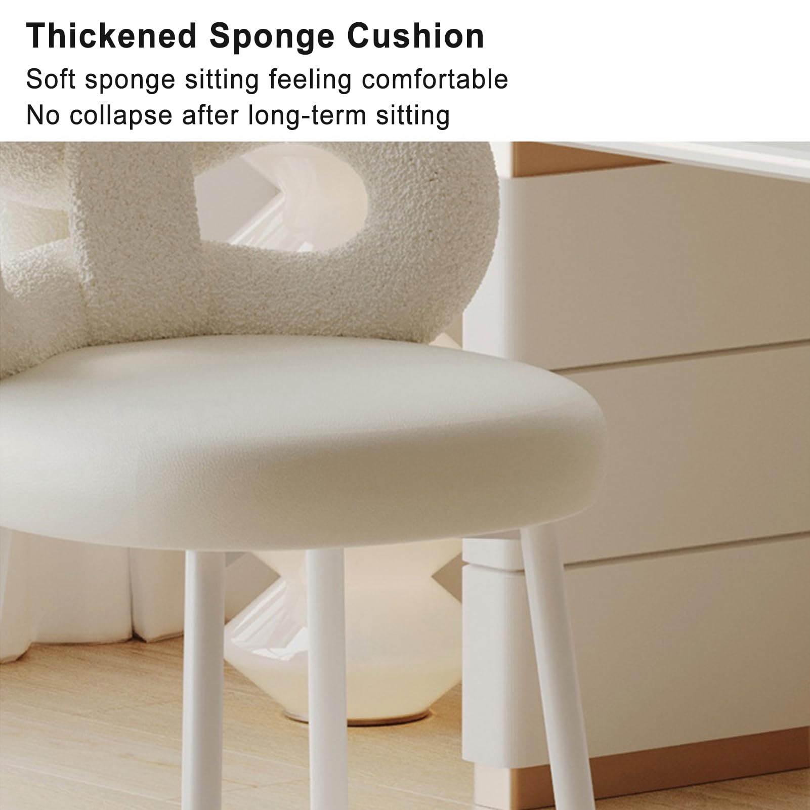 Sedia da toeletta con fiocco posteriore, sgabello da trucco senza braccioli in velluto con gambe in metallo, per camera da letto, soggiorno, spogliatoio (bianco)