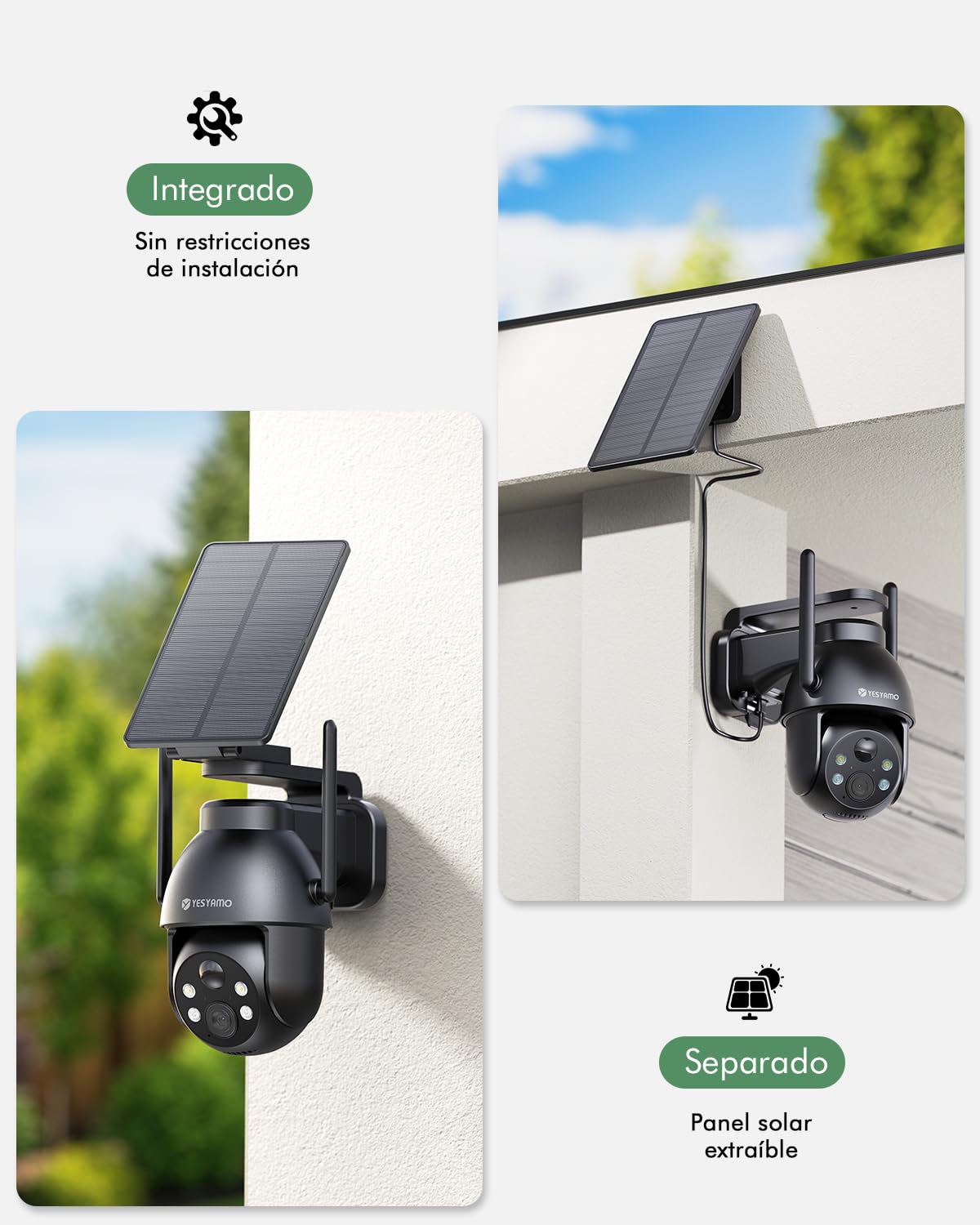 YESYAMO 2K Cámara de vigilancia WiFi Exterior inalámbrica Solar, 2.4GHz cámara Exterior Solar con Panel Solar, 360grados PTZ, visión Nocturna Color, Audio bidireccional, Sirena PIR (Negro)