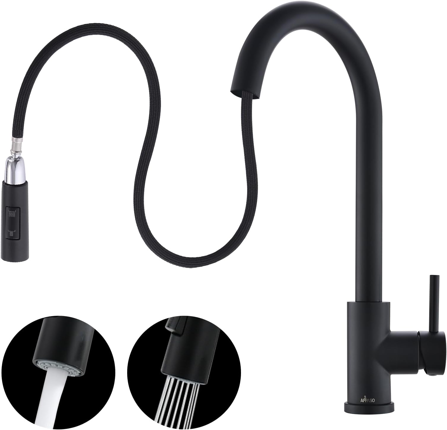 APPASO Black Kitchen Faucet, Modern Kitchen Sink Mixer Tap with Pull Down Sprayer Matte Black, Single Hole Stainless Steel Black Kitchen Mixer