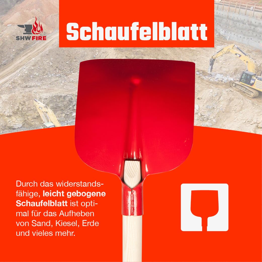 SHW FIRE | Holsteiner Schaufel - gehärteter roter Spezialstahl, gebogenes Schaufelblatt, 128 cm Eschenholzstiel für optimale Kraftübertragung, Profi Schaufel robust und langlebig | Made in Germany