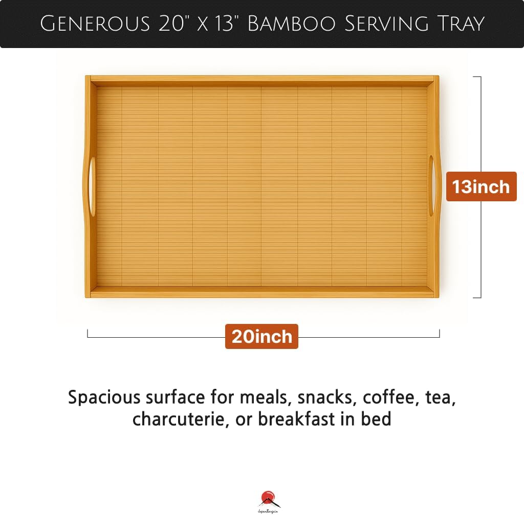 JapanBargain 4099, 2-Pack Large Bamboo Serving Trays with Handles, 20 x 13 Inch Wooden Tea Tray for Lunch Dinner Coffee Snacks Butler Shelf Display