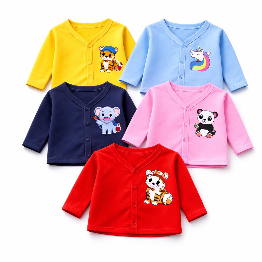 Baby Boys' & Baby Girls' T-Shirt Hosiery Cotton Clothing Jhabla/Vest Front Open T- Shirt with Snap Buttons Pack of 5-image-45
