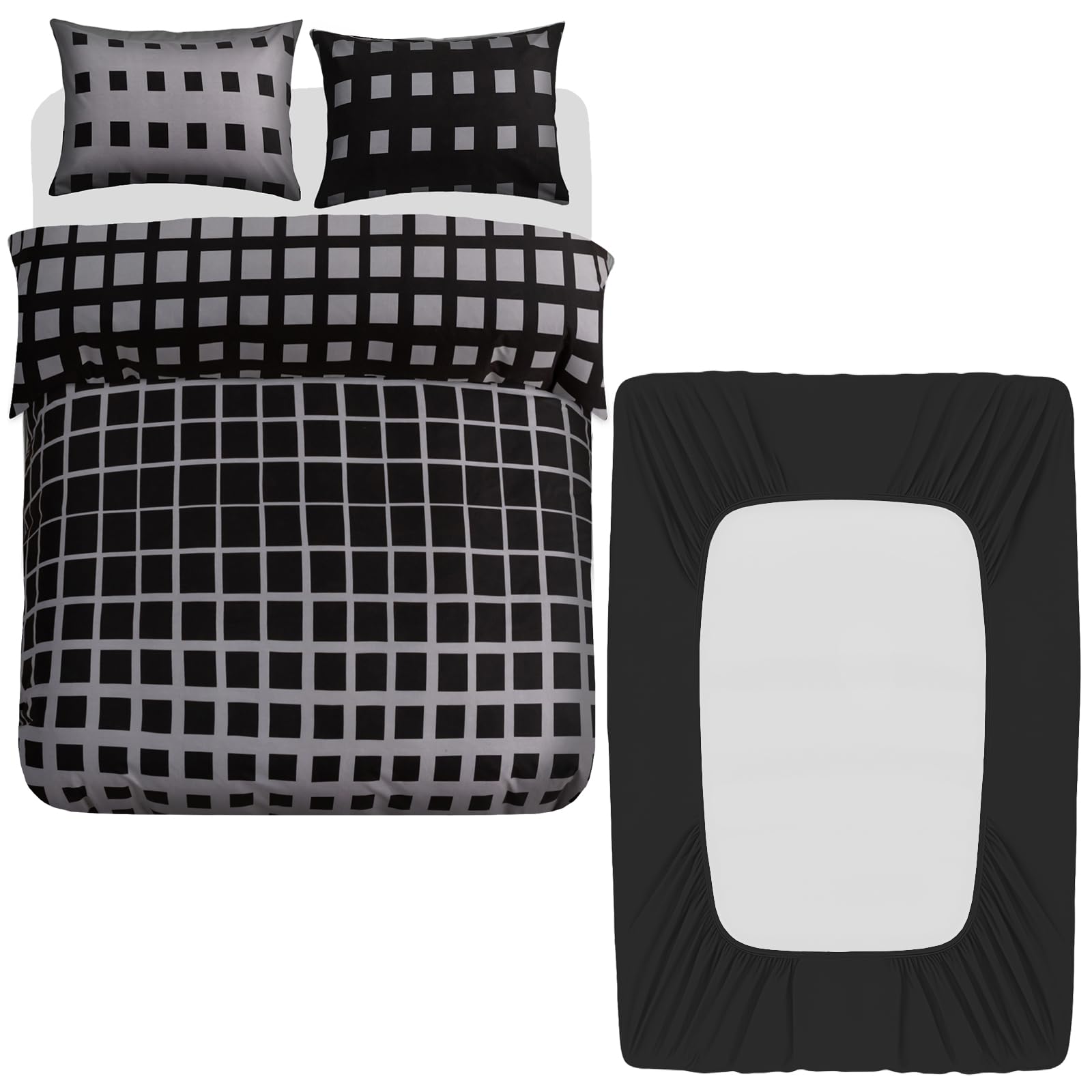 Grace Grey & Black 4 Pcs Super King Duvet Set With Matching Black Super King Fitted Sheet 40 Cm Extra Deep Pocket - Premium Microfibre Reversible Quilt Cover Bedding Set For All Seasons