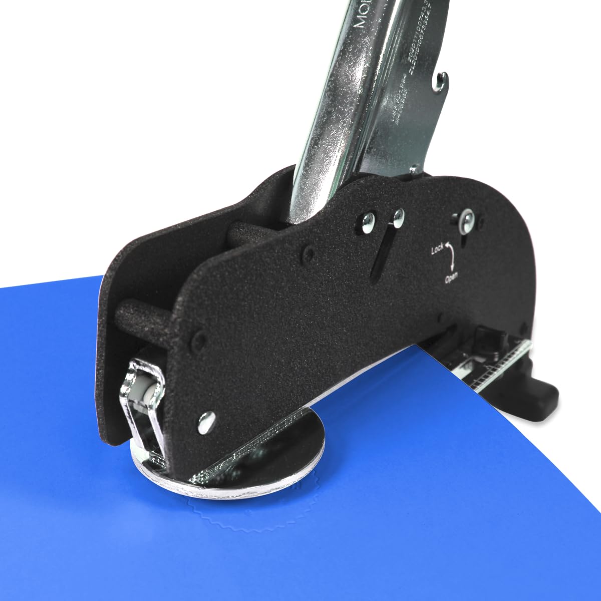 Grande timbro in rilievo, diametro 50 mm, con motivo personalizzabile, pinza per cartoncini ed etichette con apertura di 13 cm, per creare con i propri loghi