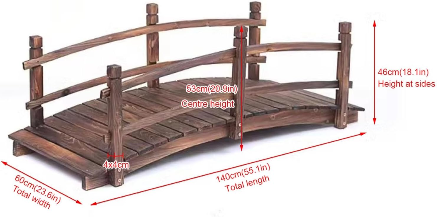 4.6ft Outdoor Carbonized Wood Garden Bridge Arc Walkway Bridge with Side Railings, Perfect for Backyards, Gardens, & Streams, Patio Landscape Decor Bridge Footbridge