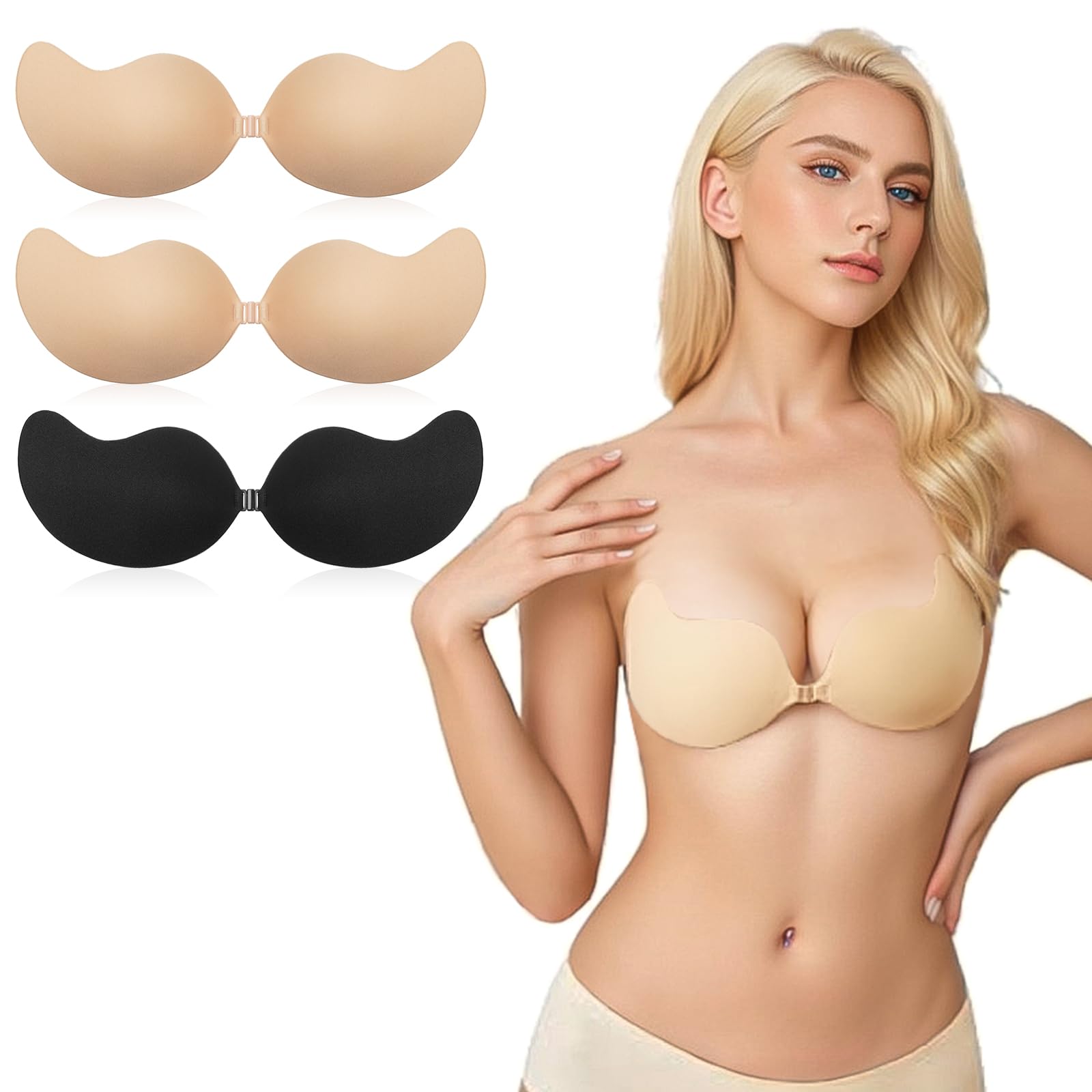 flintronic Klejony biustonosz push-up, biustonosz bez ramiączek, wielokrotnego użytku, niewidoczny silikonowy biustonosz bez pleców, przyjazny dla skóry, niewidoczny biustonosz do sukni wieczorowej,