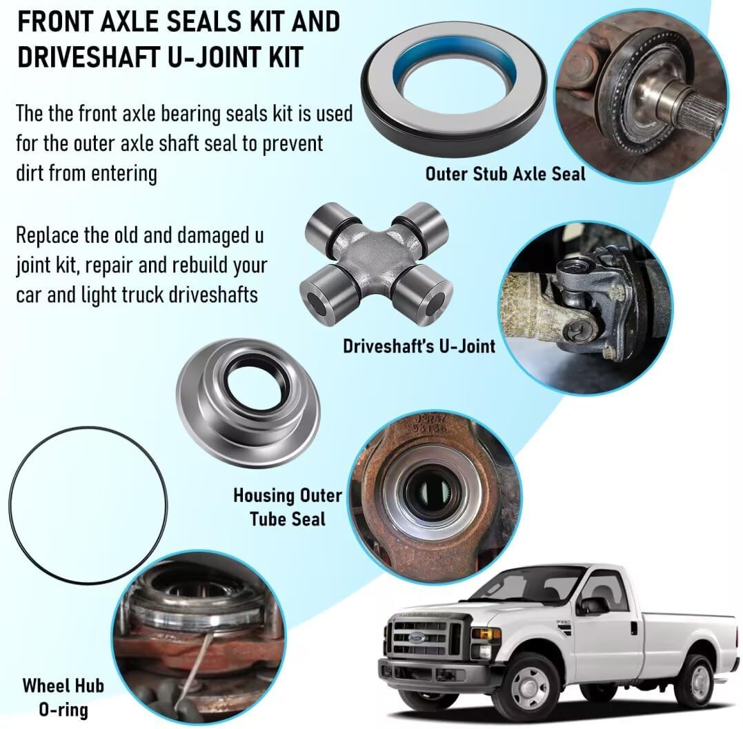 Front Axle Vaccum Knuckle Seal & Hub O-Ring & Dust Seals Kit With Driveshaft U-Joint Fit For Ford F250 F350 Super Duty With Dana Super 60 (2005 to 2019)