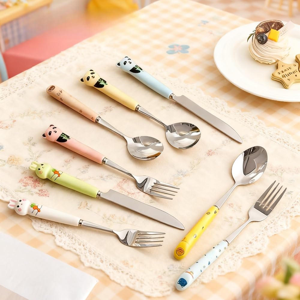 Carino Cartone Animato Ceramica Manico Cucina Acciaio Inox Argenteria Stoviglie Posate Set Bistecca Coltello Forchetta Cucchiaio Cucchiaino