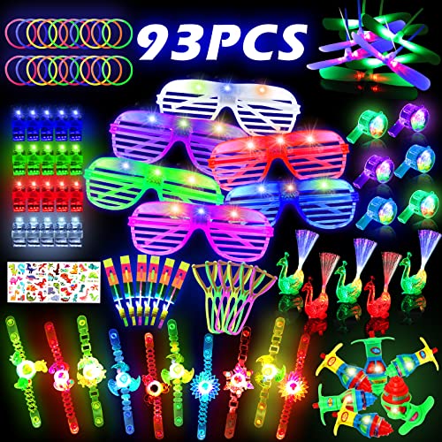 ONESING 93 Pcs Glow in the Dark Party Supplies for Teens LED Light Up Toys Neon Party Supplies Birthday Party Favors for Kids Flashing Glasses for Kids Adults Glow Sticks Light Up Party Favors for Kids Neon Glow Birthday Party Disco Party Easter Gift