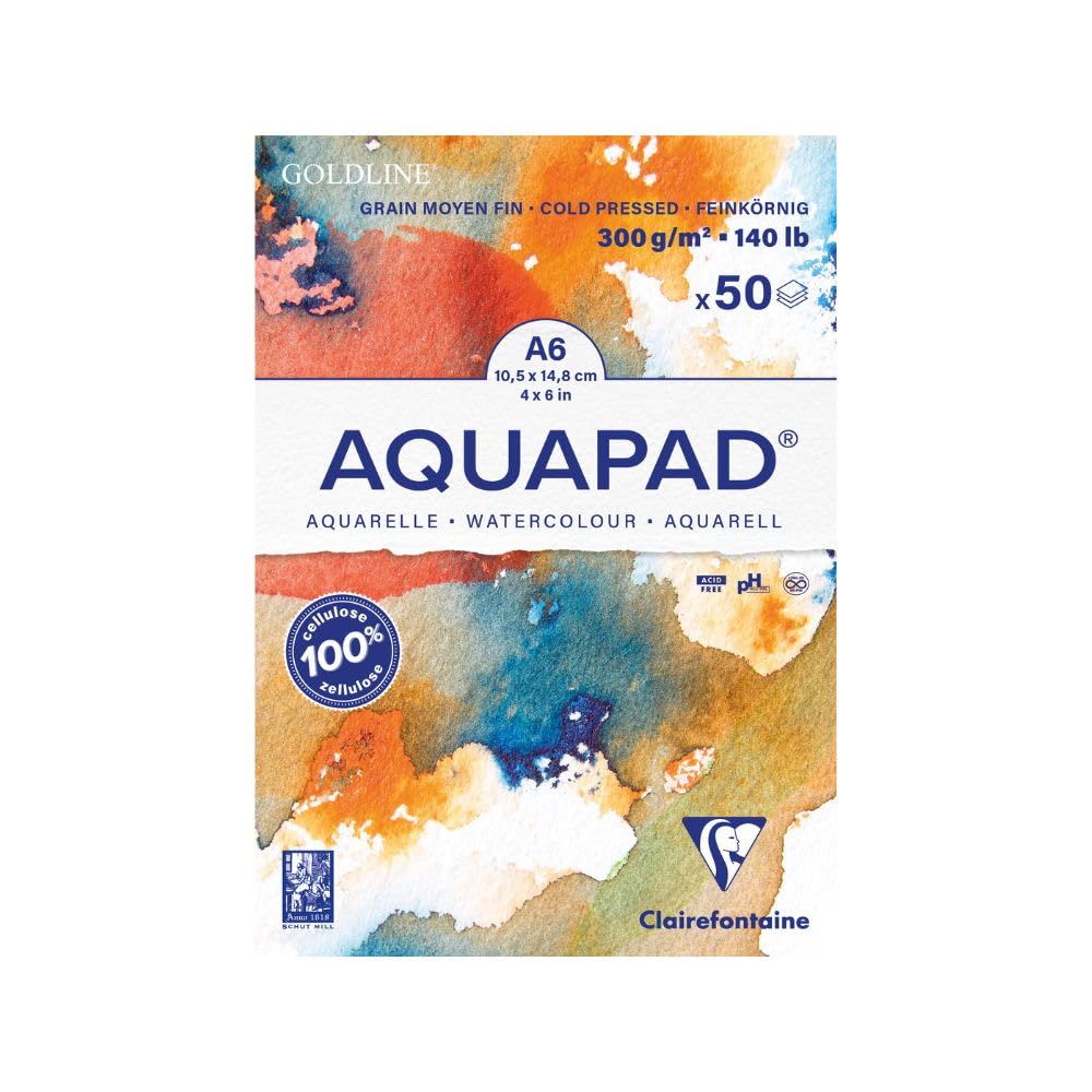 Clairefontaine Goldline Aquapad 975620C Glued Pad - 50 Sheets of Watercolour Paper - Medium Fine Grain - A6-10.5 x 14.8 cm - 300 g