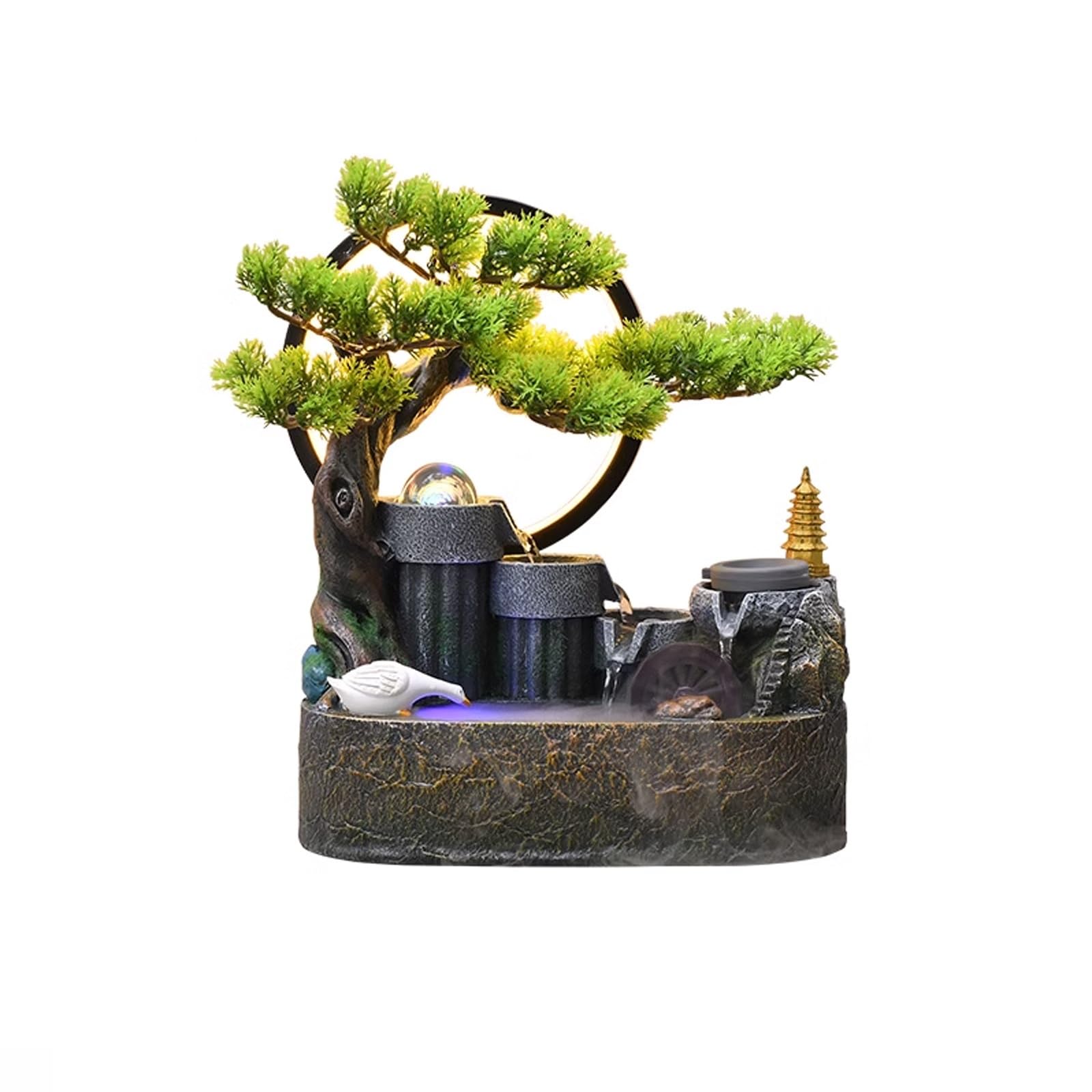 indoor Waterfall Rockery, Flowing Water Bonsai Circular Fountain Decoration Indoor Porch Living Room Tabletop Green Plant Landscape