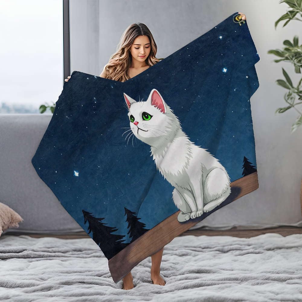 Couverture flanelle chat blanc et ciel étoilé 125x150cm