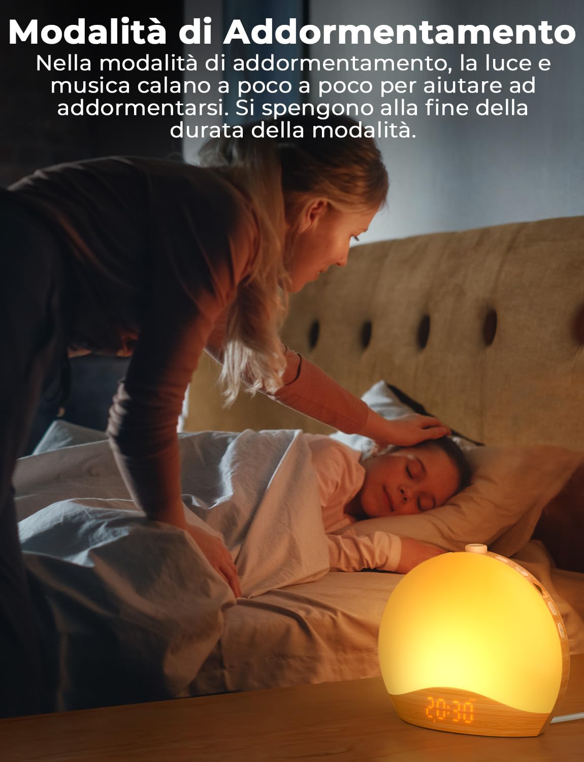 LIORQUE Sveglia Simulazione Alba, Doppia Sveglia, 20 Livelli, 9 Colori | Sveglia Comodino, Rumore Bianco, Luce Notturna, Modalità Weekend, Snooze, 22 Suoni, FM/Bluetooth, 5W USB