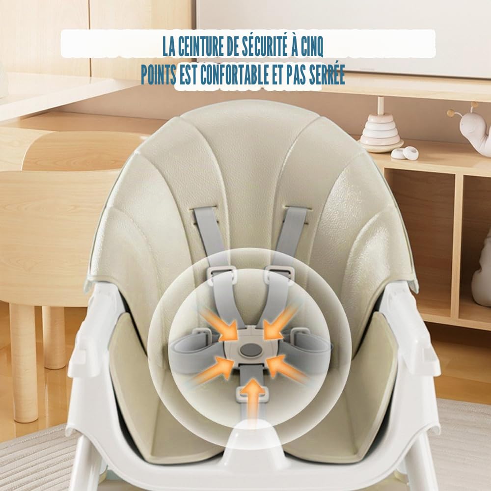 Chaise Haute Evolutive 6 en 1,Transat, Balancelle et Rocker Multifonction pour Bébé (0m+ 15kg) / Reclinable, Pliable et Réglable,Harnais 5 Points,Siège de table enfant