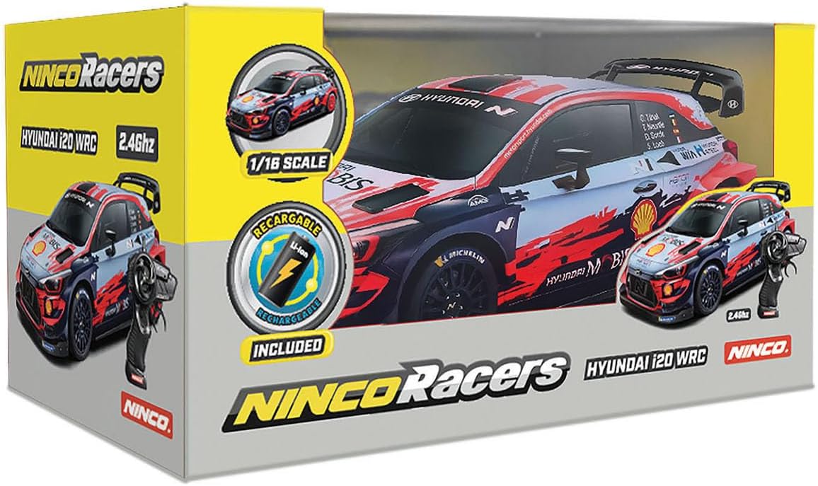 The NincoRacers Hyundai i20 WRC remote control car packaging, showing the car, remote, and battery icons.