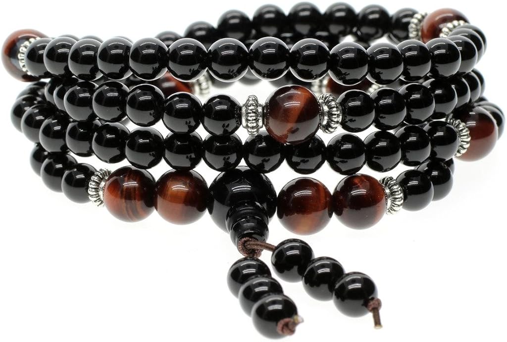 COAI® Buddhist Prayer Bracelet/Necklace, Semi-Precious 6mm Onyx Beads & 8mm Red Tiger Eye Bead