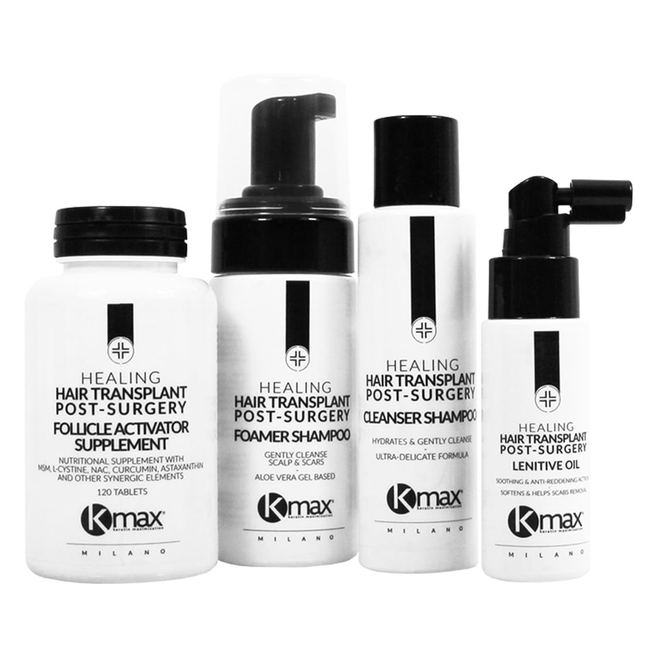 Kmax Healing Hair Transplant Post Surgery Kit - Shampoo Post Trapianto Capelli, Schiuma Dopo Trapianto capello, Olio Idratante Integratore