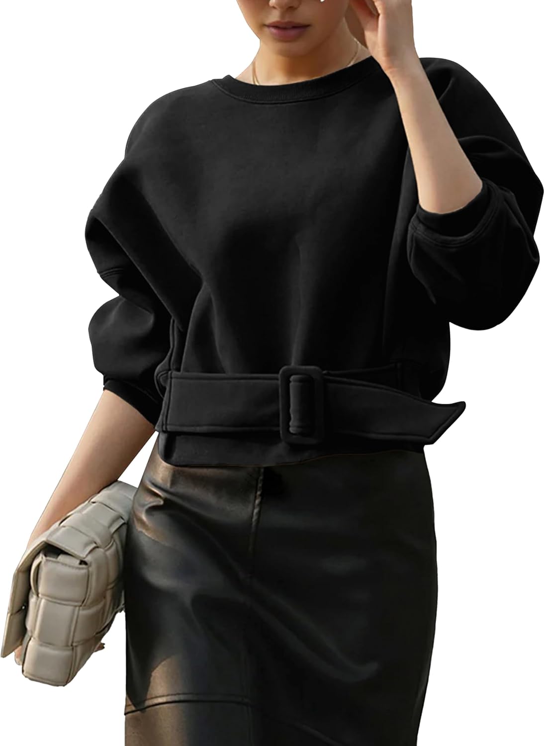 Womens Long Sleeves Cropped Sweatshirts Belted Lace Up Tops Crewneck Y2K Pullover 2025 Fall Outfit