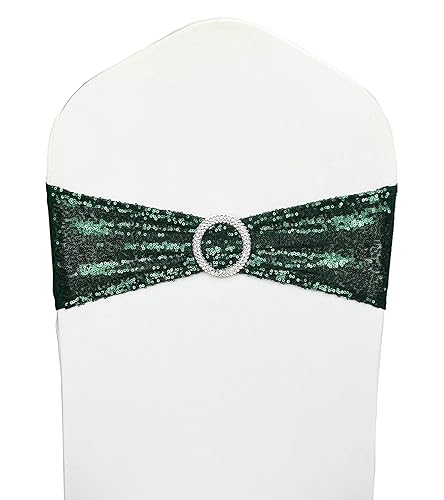 LIZIMI Chair Sashes Sequin Stretch Chair Bands Dark Green Spandex Polyester Bows for Party Hotel Wedding Banquets Decoration - 6 Pcs Hunter Emerald Green