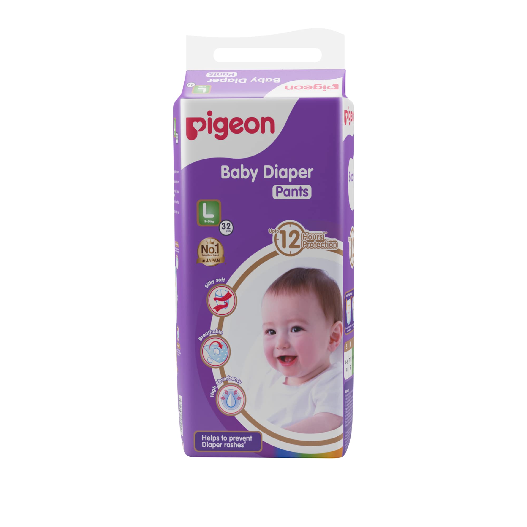 Pigeon Baby Diaper Pant Type L,Silky Soft,Breathable,High Absorbency,Prevent Diaper Rashes,Upto 12 Hours Protection,32 pcs