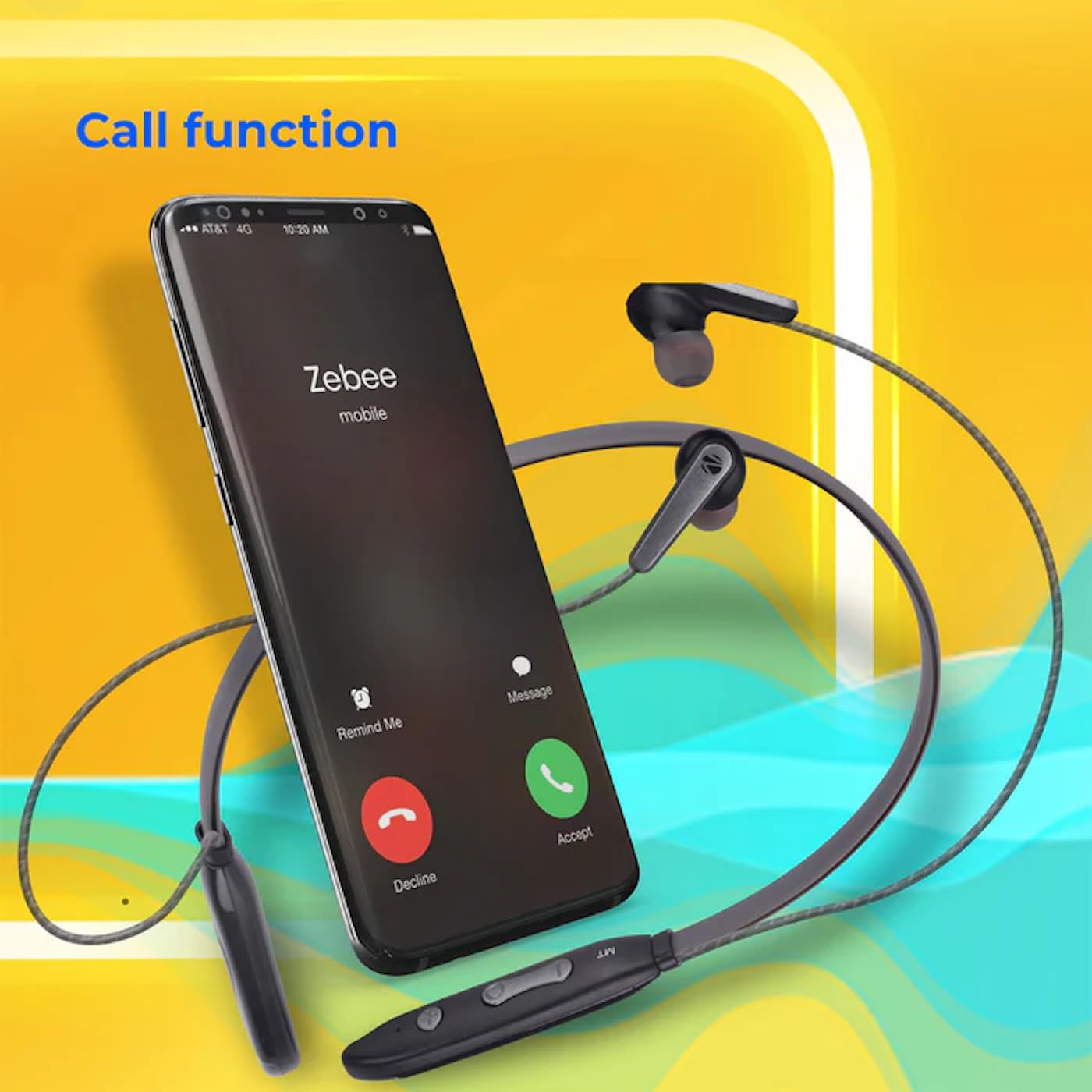Smartphone screen displaying an incoming call with options to accept or decline, next to the ZEBRONICS Zeb-Escape 10 earphone