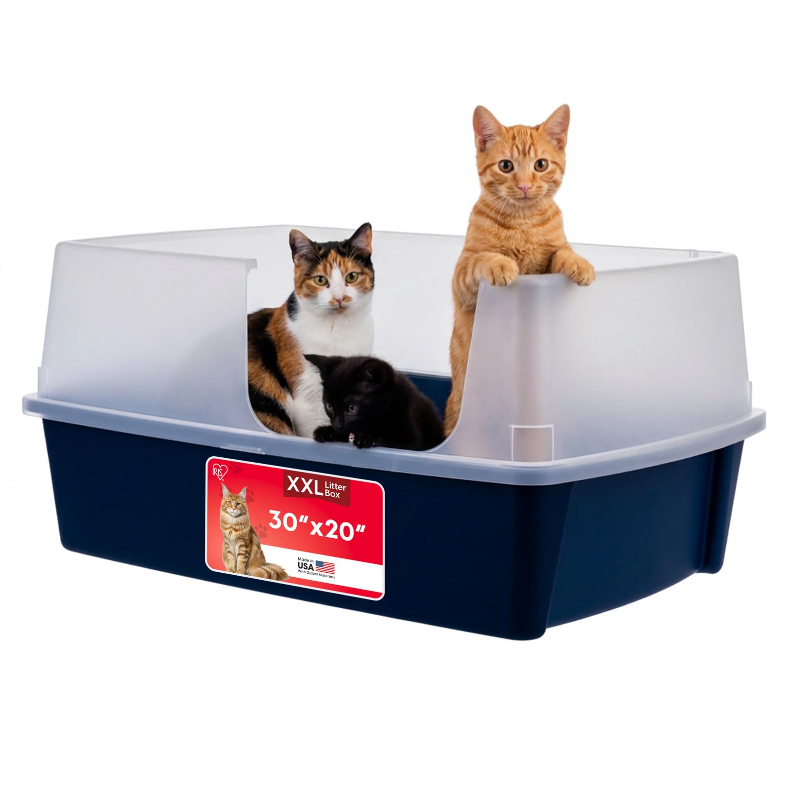 IRIS USA XX-Large Side Entry Cat Litter Box, Open Top Extra Large Litter Box for Big Cats and Multi-Cat Households, High Sided Scatter Shield, Easy to Clean, 30" L x 20" W x 14" H, Navy