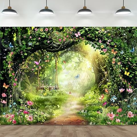 Omifly Enchanted Fairy Tale Garden Woodland 7Wx5H Backdrop for Photography Spring Wonderland Green Flower Baby Shower Birthday Background Party Decorations Cake Table Banner Photo Booth Studio Props Cover
