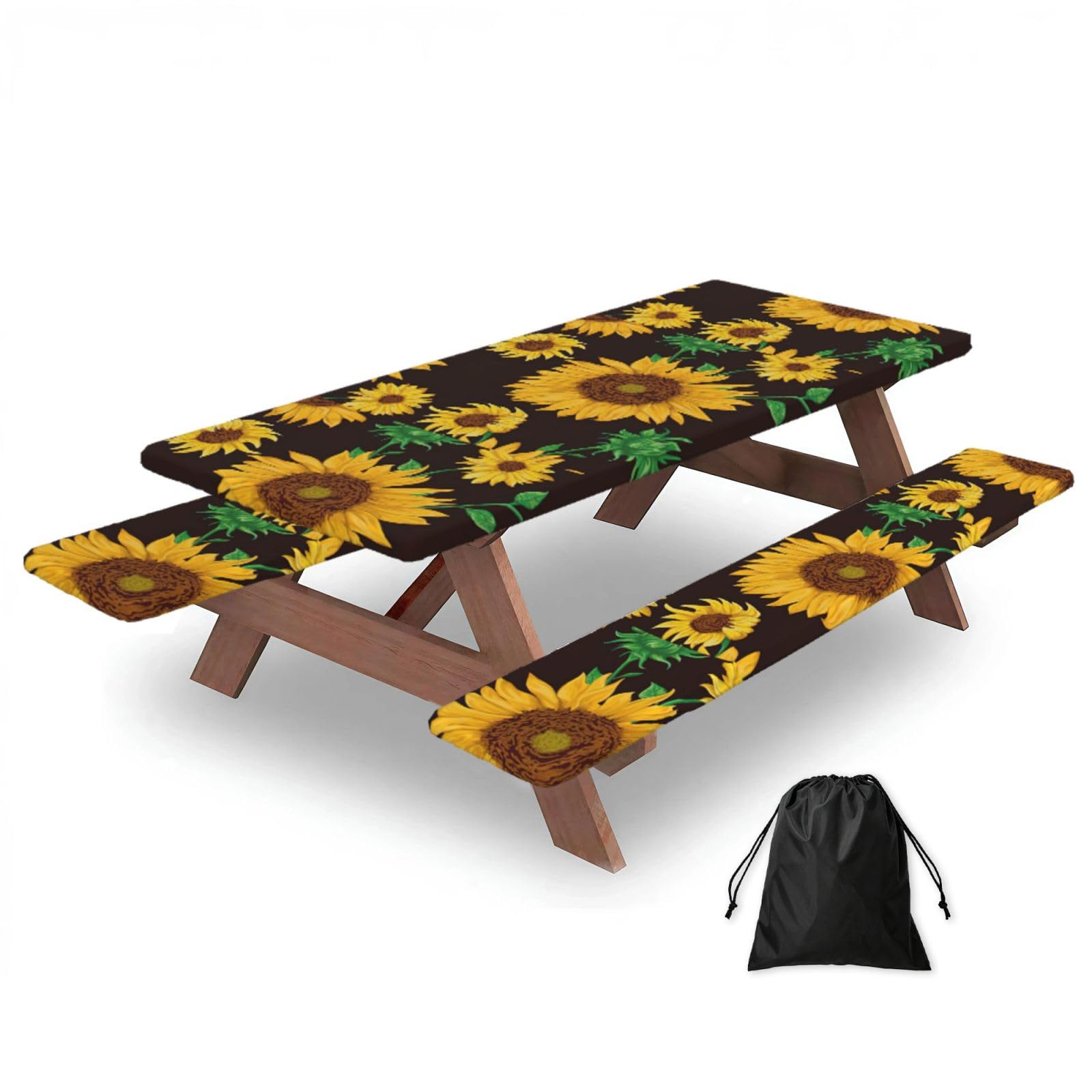 Yqxwjl Black Beautiful Sunflower. Print Camping Essentials Waterproof Camping Table And Bench Cover With Drawstring Bag 183 Cm