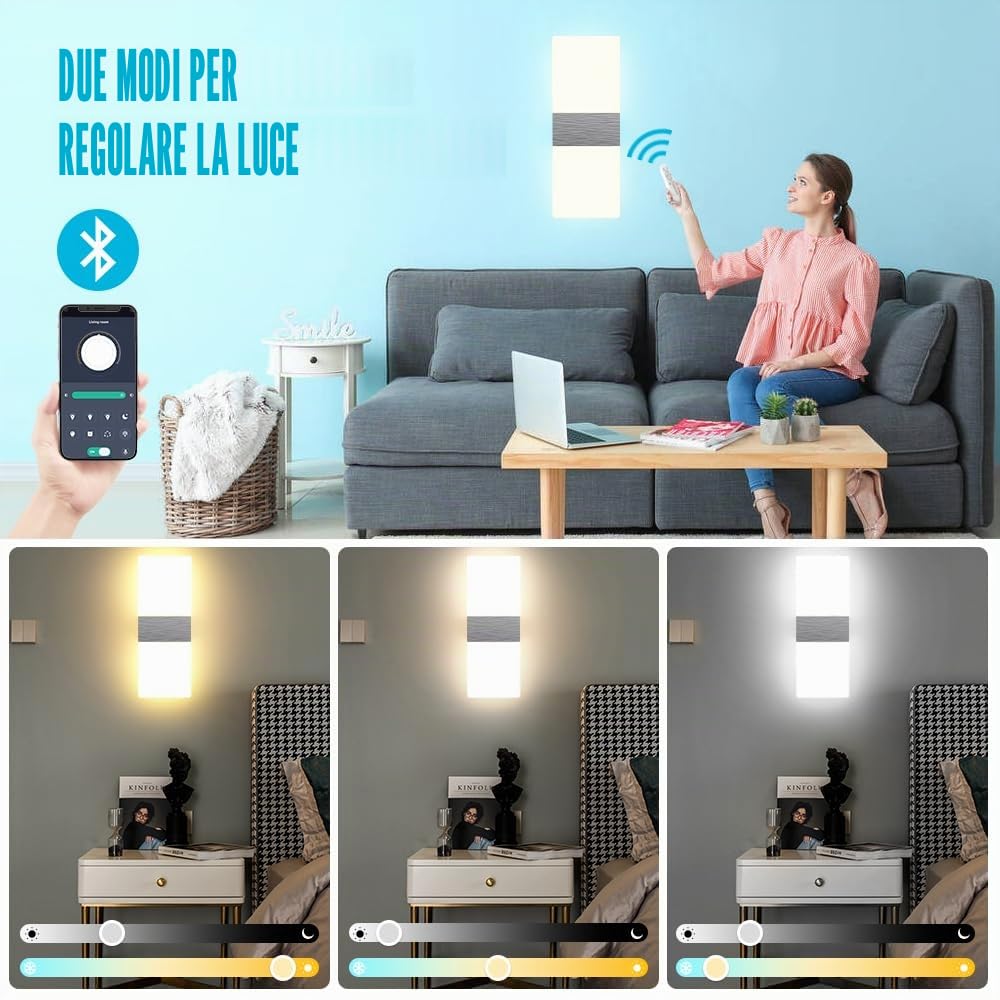 Sytmhoe 2 Pezzi Dimmerabile Appliques Da Parete Di Design Con App e Telecomando, 12W 2700-6500K Argento Albergo Acrilico Applique Camera Da Letto, Scale Soggiorno Lampade Da Muro Moderne