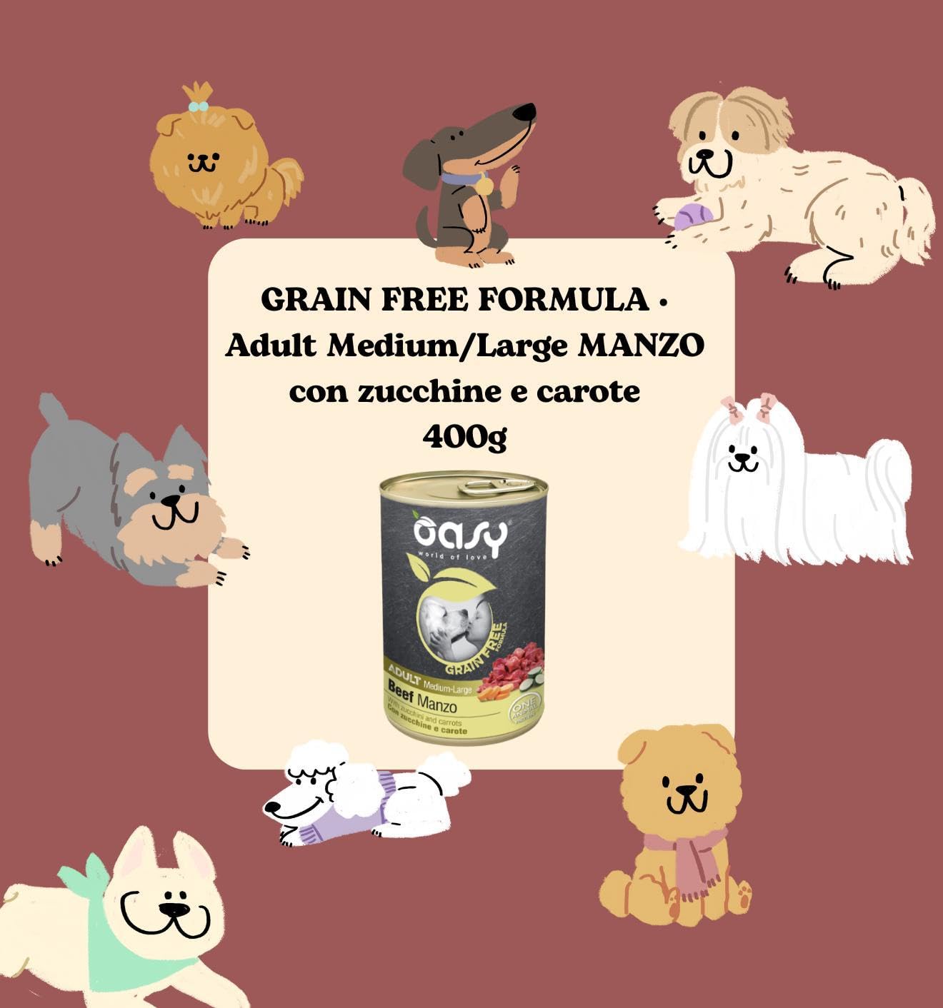 Oasy umido cane adulto grainfree, alimento completo per cani adulti di taglia media e grande (medium) gusto MANZO | 6 scatolette da 400 grammi l’una.