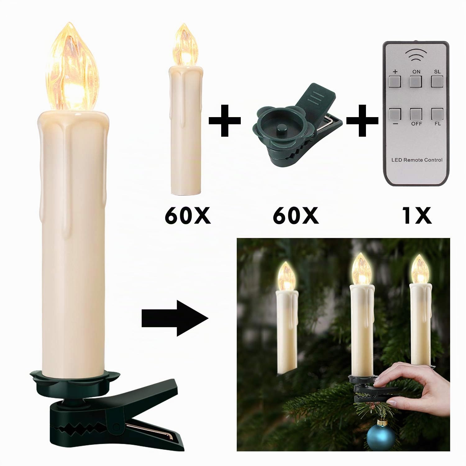 Miafamily, set di candele natalizie con 20 o 60 LED, senza fili, per albero di Natale, con telecomando, Custodia bianca latte., 30 pezzi