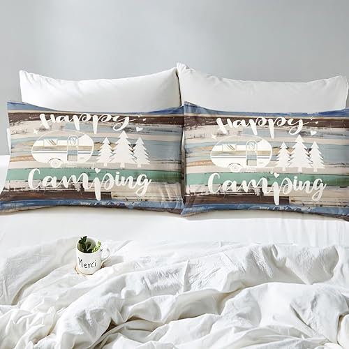 Miniatura 4 de Juego de funda de edredón con diseño de rayas de madera de retazos retro de camping para niños, adolescentes y adultos, estilo rústico con 2 fundas