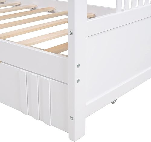 Miniatura 6 de P PURLOVE Sofá cama de madera con rieles, cama individual, listones de madera para sofá cama moderna (individual con cajones, blanco)