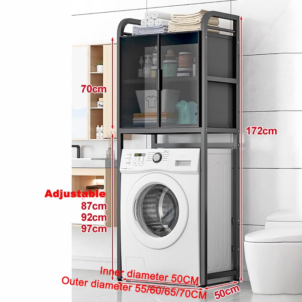 Estante de almacenamiento de baño con puerta de armario de cristal, 4 niveles, unidad de almacenamiento grande de hierro para baño, estante de almacenamiento multifuncional, color negro, largo 70 cm
