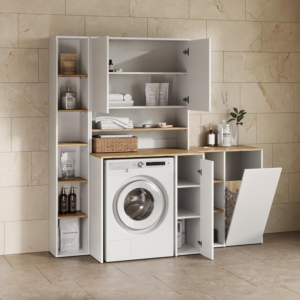 Livinity Armoire Machine à Laver Paolina, Blanc/Artisan, 93.6x88.2cm | 2 pièces avec étagèreEspace supplémentaire au-dessus de l'appareil pour ranger les détergents et les accessoires