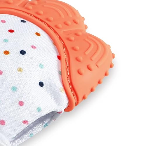 Miniatura 4 de PandaEar Manoplas de dentición calmantes, paquete de 2, alivio del dolor, guante de protección, mordedores estimulantes, 0-12 meses (naranja rosa)