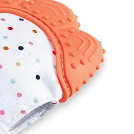 PandaEar Soothing Teething Mitten 2 Pack, Pain Relief, Protection Glove, Stimulating Teether, 0-12 Months (Orange Pink)
