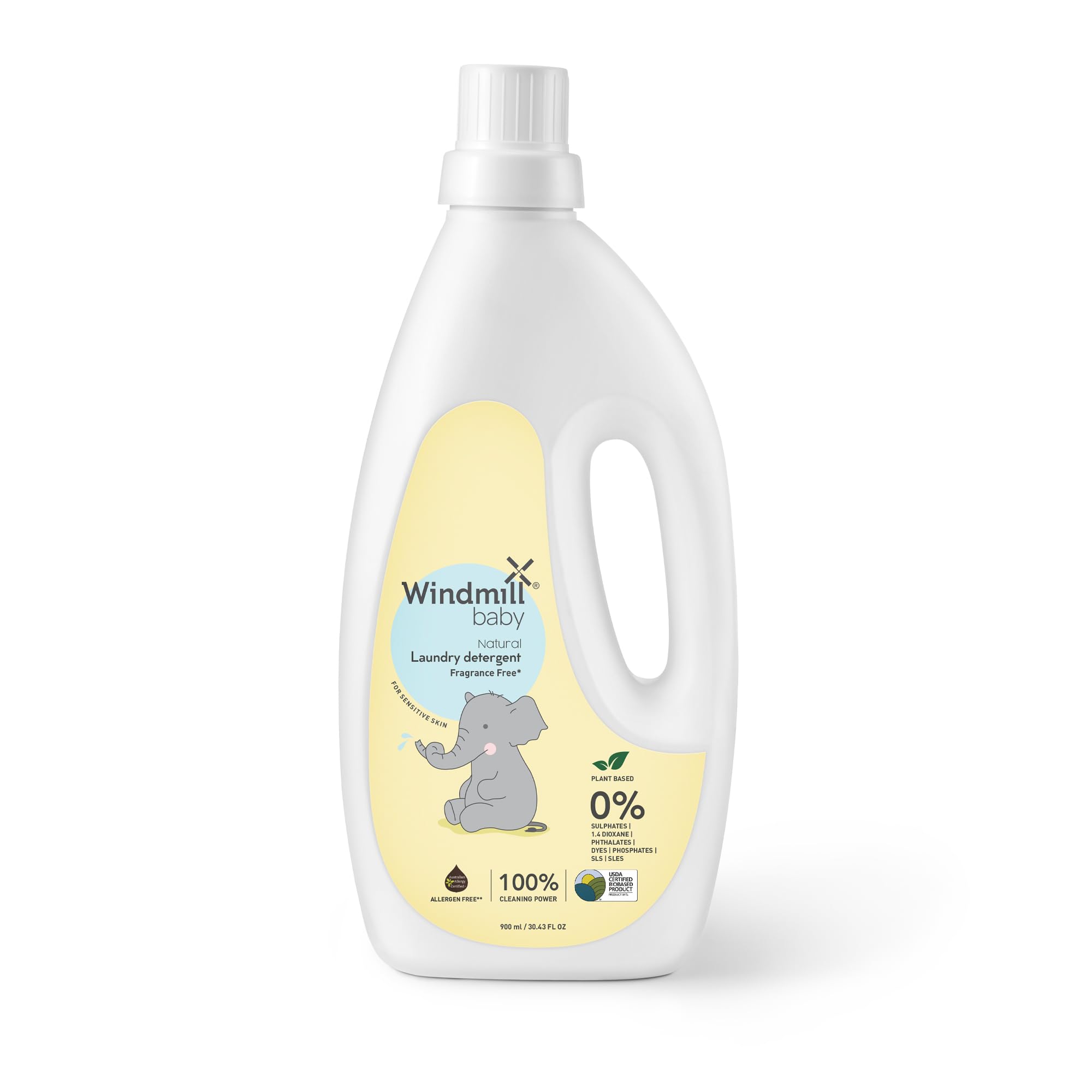 Windmill baby Hypoallergenic & Sensitive Laundry Detergent, USDA Certified Natural, for Newborns and Sensitive Skin, Powered by Bio-Enzymes, Fragrance Free - 900ml