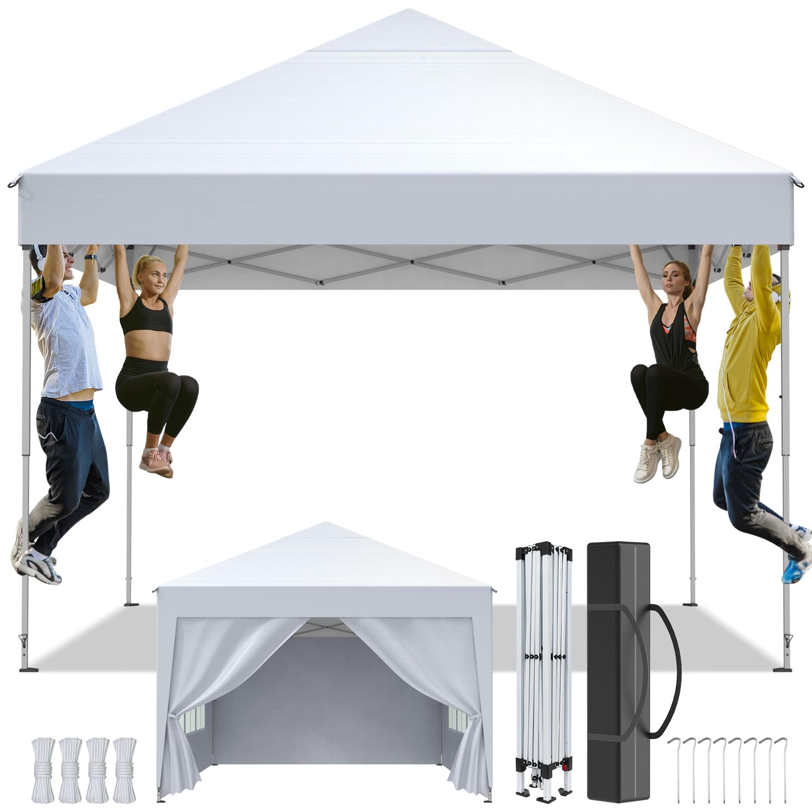 Tonnelle de Jardin 3x3m,Tonnelle Pliante,Tente de Camping avec 4 Côtés、Sac de Transport,Imperméable,Anti UV50+，Hauteur Réglable，Tente Réception,Barnum Pliante pour Exterieur Party Festival,Blanc