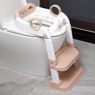 Potty Training Seat, Cute Bear Design Elements, Foldable Toilet Seat with Soft Cushion, Suitable for Both Boys and Girls, with Splash Guard Anti-Slip Pad Step Stool(Brown)