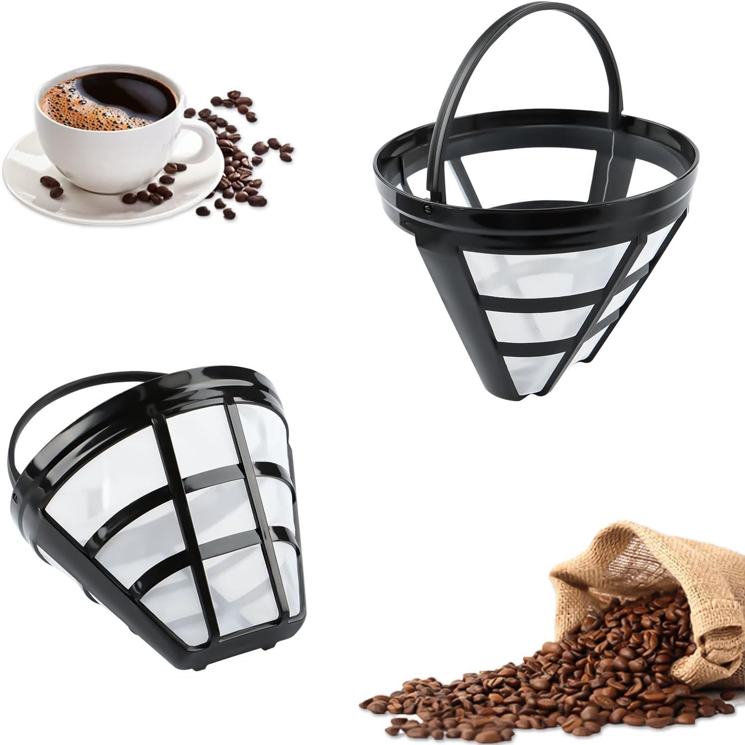 Wiqrht 2 Pcs Coffee Filter Universal,Permanent Coffee Filters Reusable Permanent Coffee Filter with Handle,Washable Coffee Filter, Coffee Filter, Mesh Basket for Most Coffee Machine, MY-UK-XP-093