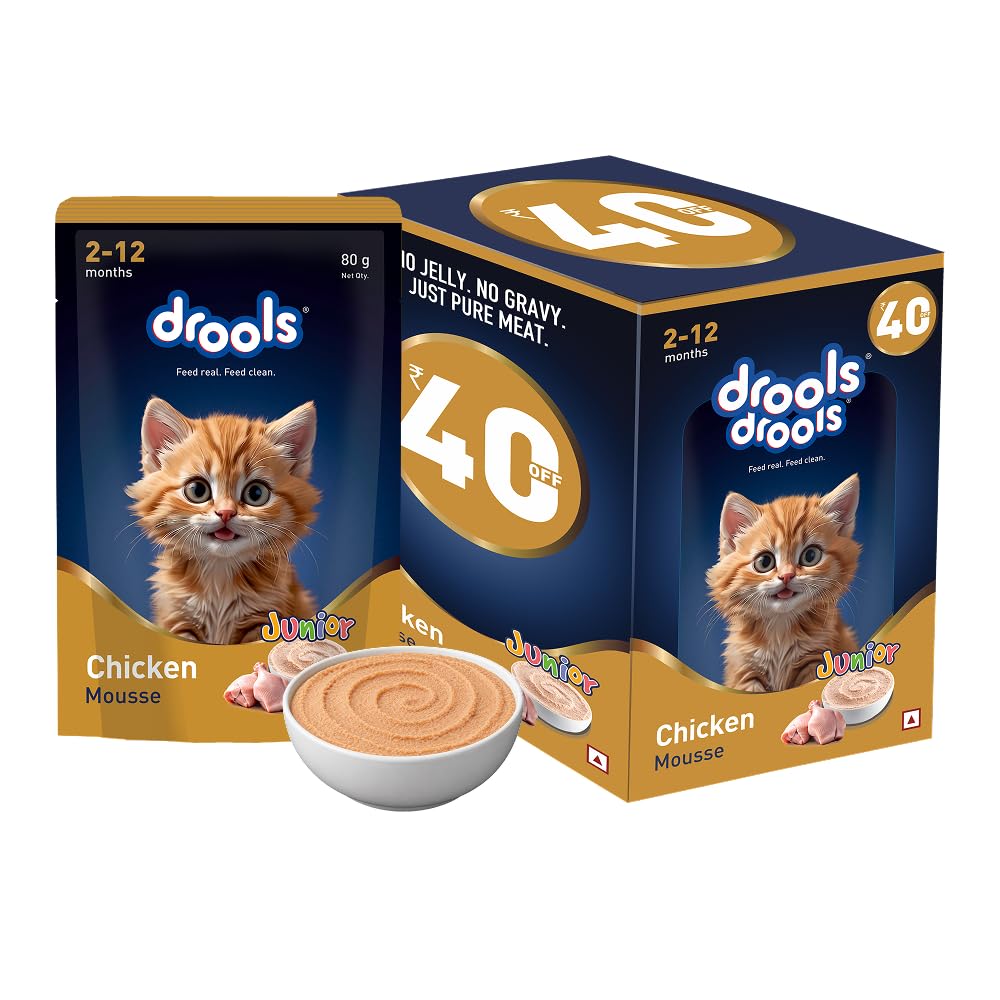 drools kitten cat wet mousse 80g(4+1) pack of 5, 400g | chicken flavour | rich in protein | promotes hydration & easy to digest | no artificial flavours | packed with essential vitamins & antioxidants