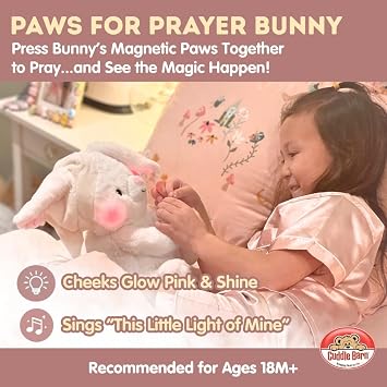 Cuddle Barn - Paws for Prayer Bunny | Animated Singing Bunny Stuffed Animal Plush Toy Prays Lights Up and Sings This Little Light of Mine, 10 inches