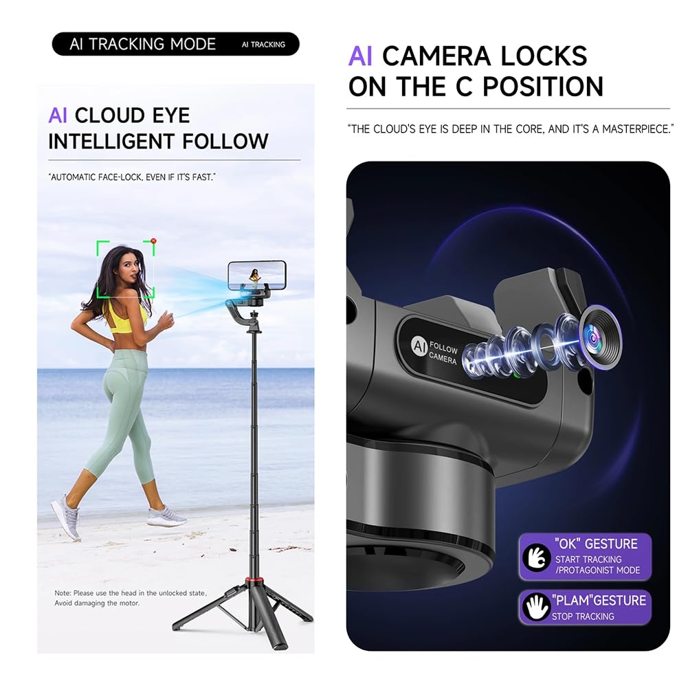 Selfie Stick Treppiede AI Face Tracking Gimbal Stabilizzatore Portatile Fotografia A 360° Magnetico per Smartphone Vite da 1/4"