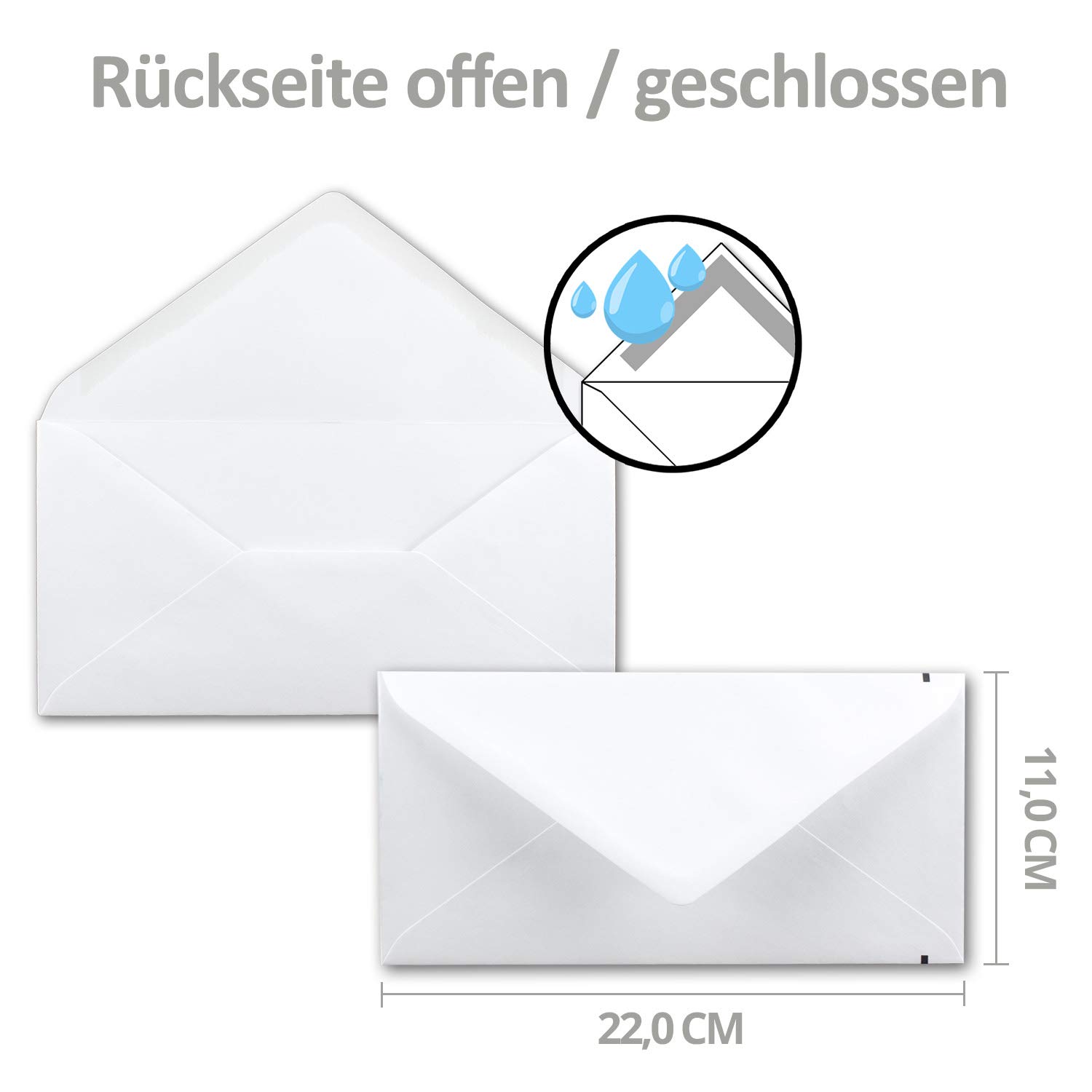 Białe koperty żałobne z czarnym linią żałobną - 500 sztuk - koperty w formacie DIN długie 110 x 220 mm, klejenie na mokro bez okienka, na pogrzeby, ogłoszenia żałobne, podziękowania, kondolencje