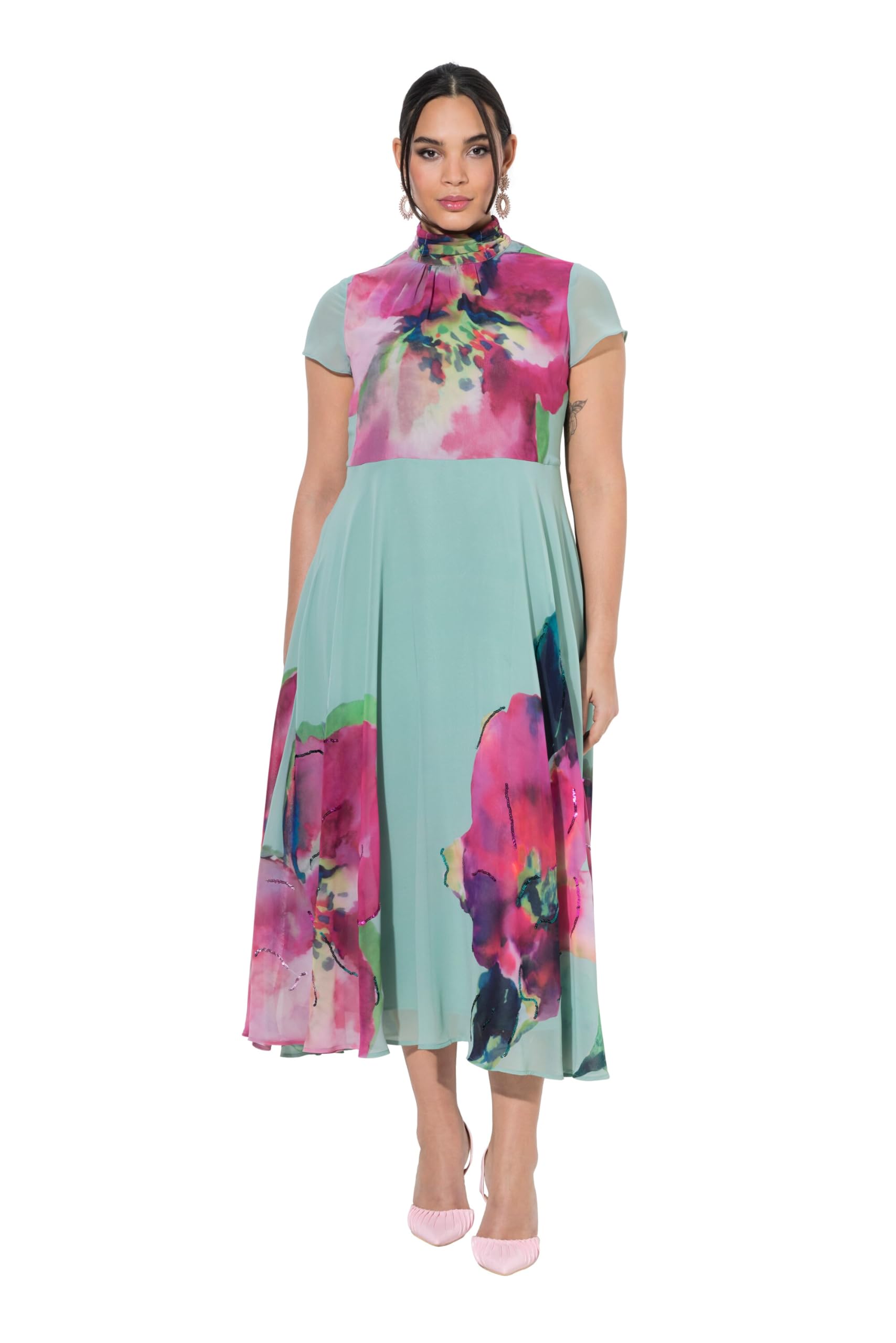 Ulla Popken Damen große Größen Übergrößen Plus Size Maxikleid, Blüten, Pailletten, Stehkragen, ärmellos 849537