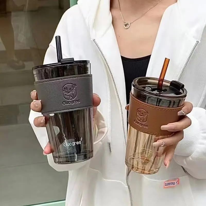 Image of Reusable Glass Tumbler with Lid & Straw Pack of 1, 450ml Multipurpose Drinking Glasses Coffee Sipper Mugs for Juice Smoothies Iced Tea Indoor & Outdoor Cup