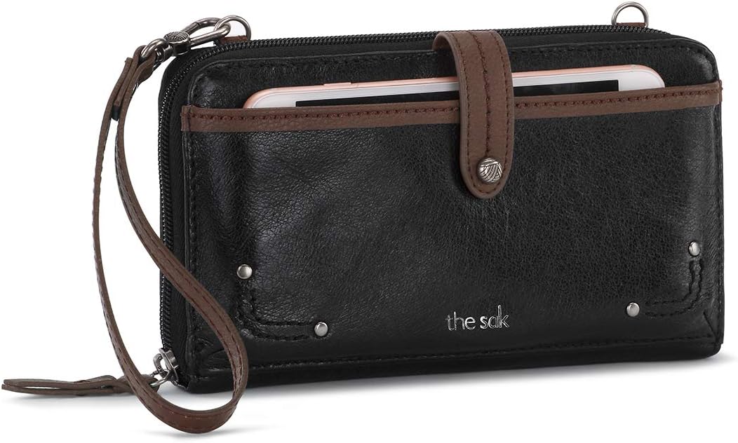 The Sak Iris Large Smartphone Crossbody Bag in Leather, Convertible Wristlet Purse Design Black Onyx Large