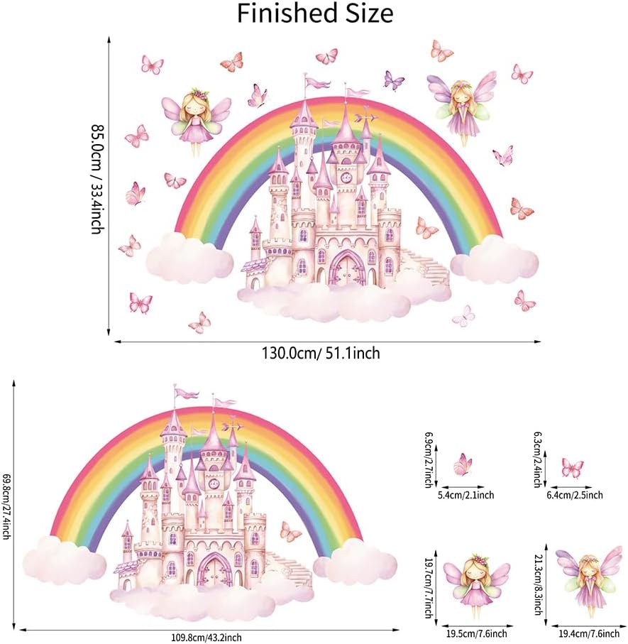 Rainbow Castle Wall Decals Princess Fairy Tale Butterfly Wall Stickers Watercolor Rainbow Cloud Wallpaper Peel and Stick Wall Art Decals for Girls Bedroom Nursery Kids Toddler Decoration
